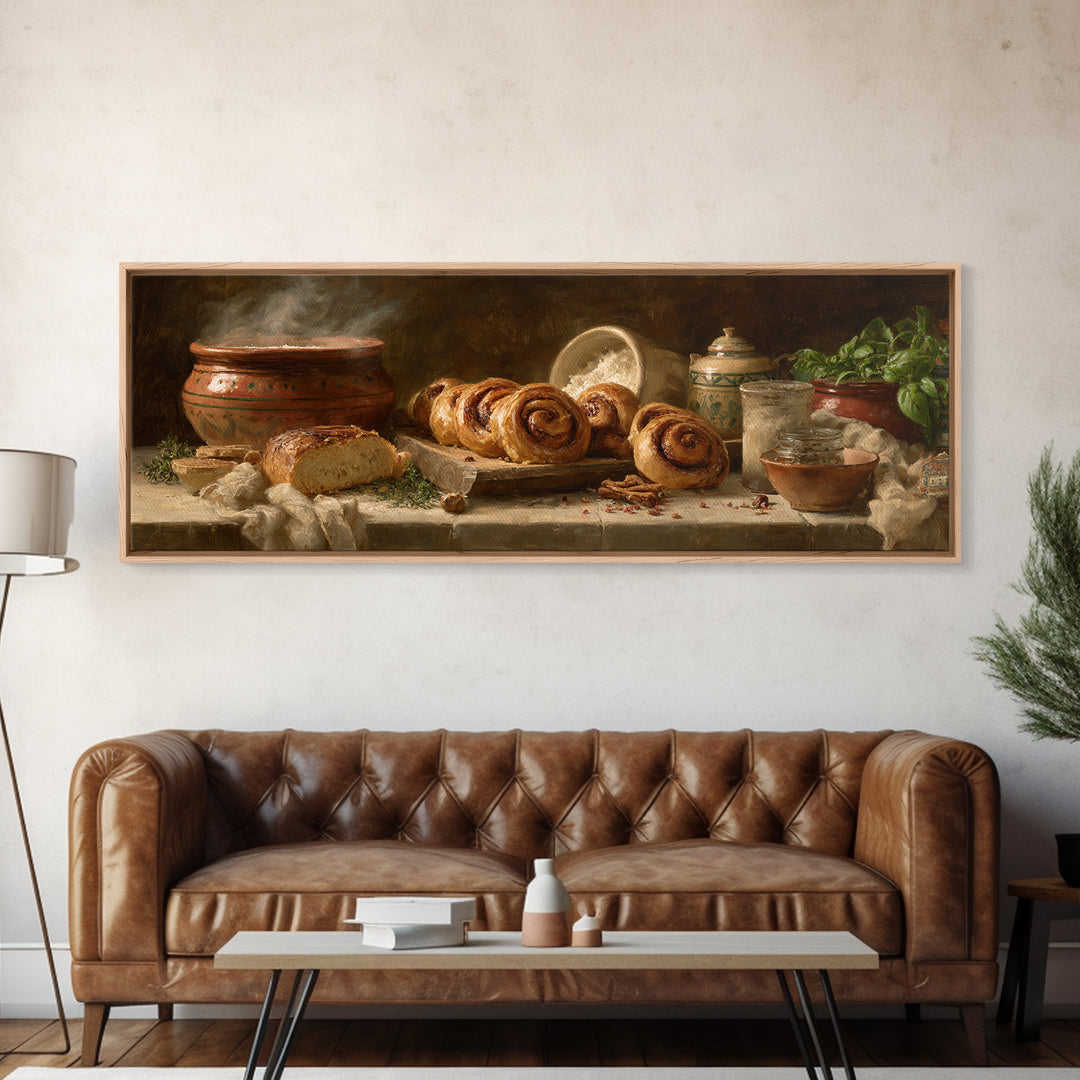 Cinnamon Rolls in a Warm Country Kitchen Framed Canvas Print, Bakery Art, Textured Painting, Bakery Decor, Fine Art, Patisserie, BAK-3x1-27