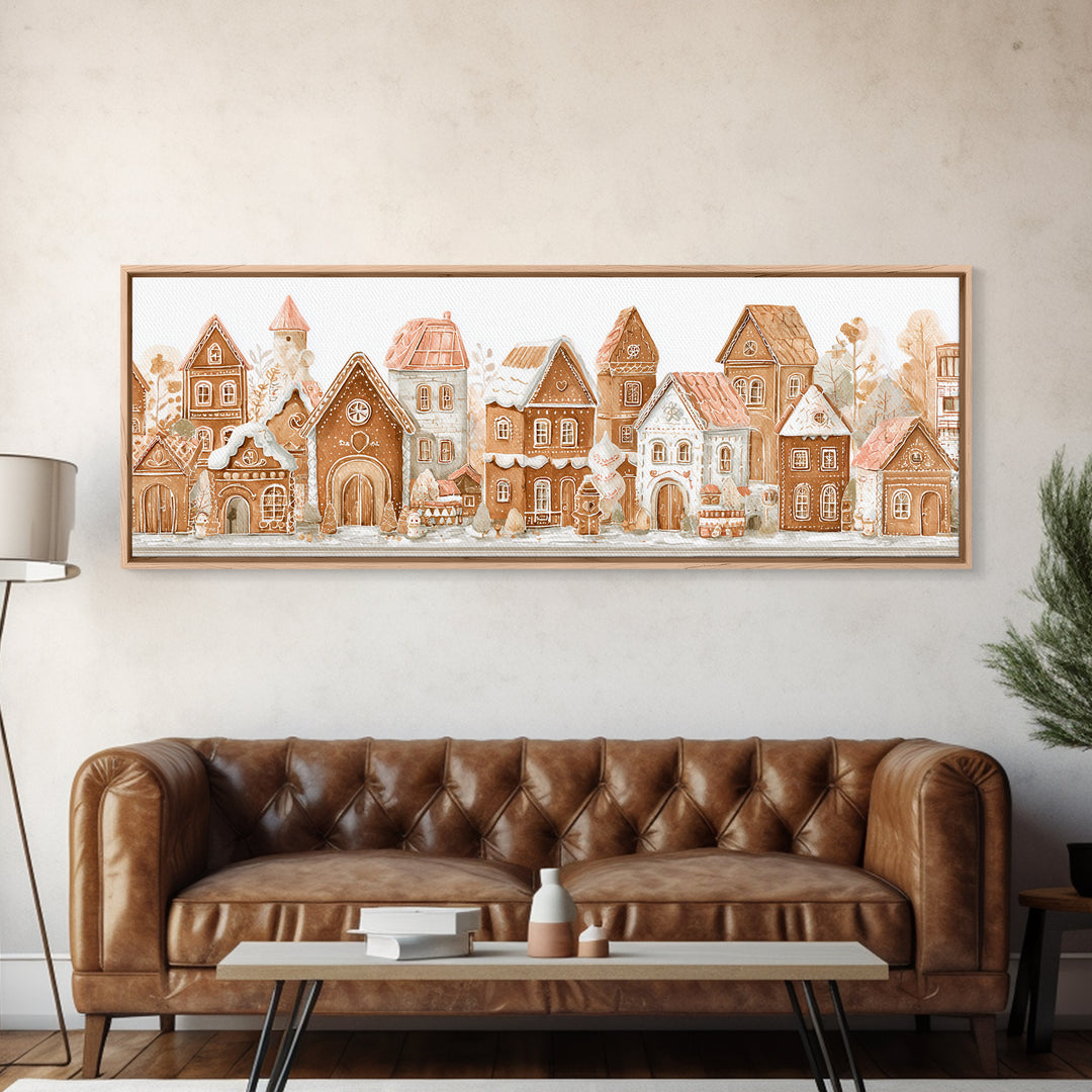 Gingerbread Houses in Charming Folk Art Style Canvas Print, Bakery Art, Kids Art, Bakery Decor, Fine Art, Patisserie, BAK-3x1-54