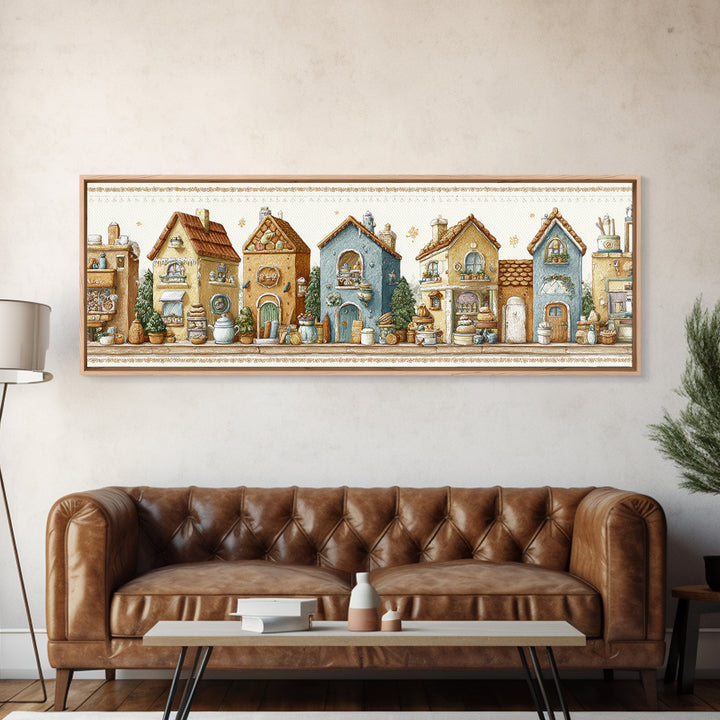 Gingerbread Houses in Charming Folk Art Style Canvas Print, Bakery Art, Whimsical Wall Art, Bakery Decor, Fine Art, Patisserie, BAK-3x1-6