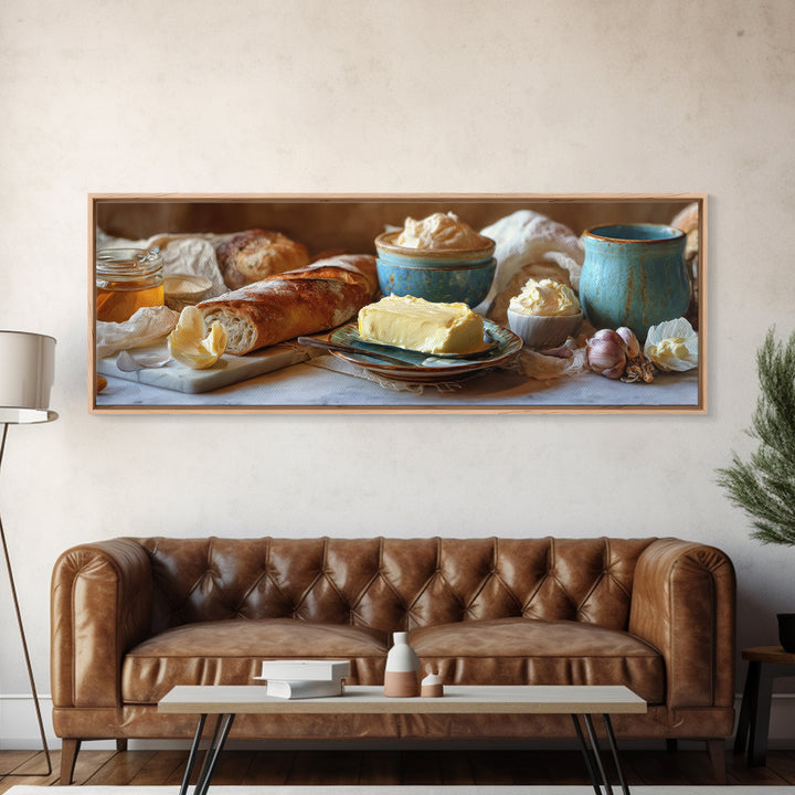 Baguette and Butter Still Life on Marble Framed Canvas Print, Bakery Art, Wall Decor, Bakery Decor, Fine Art, Patisserie, BAK-3x1-72