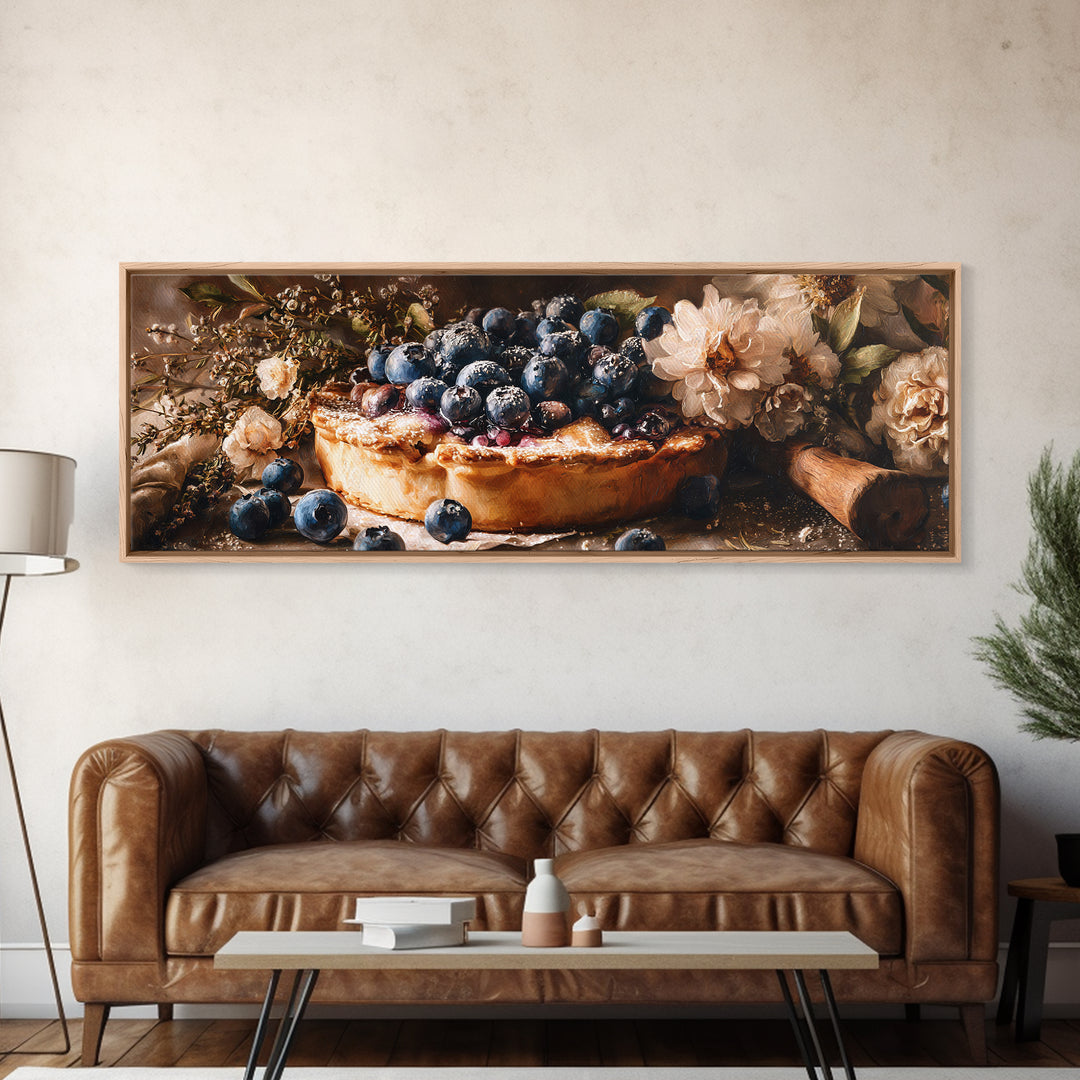 Blueberry Galette with Rustic Farmhouse Texture Framed Canvas Print, Bakery Art, Watercolor Painting, Bakery Decor, Patisserie, BAK-3x1-87