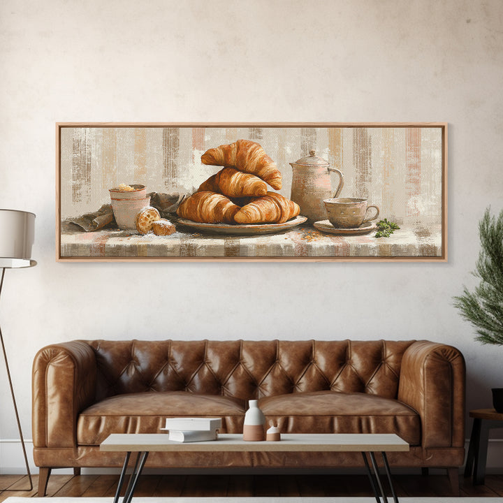 Buttery Croissants Stacked on Striped Linen Framed Canvas Print, Bakery Art, Boho Decor, Bakery Decor, Fine Art, Patisserie, BAK-3x1-89
