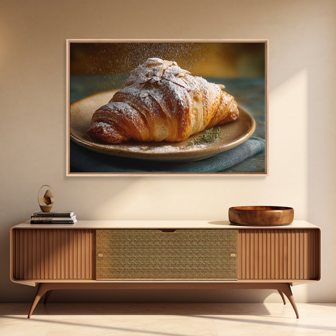 Almond Croissant Closeup Framed Canvas Print, Bakery Art, Statement Artwork, Bakery Decor, Fine Art, Patisserie, Art Print, BAK-3x2-19