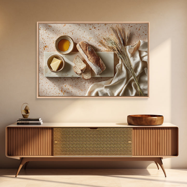 Baguette and Butter Still Life on Marble Framed Canvas Print, Bakery Art, Kids Art, Bakery Decor, Fine Art, Patisserie, BAK-3x2-36