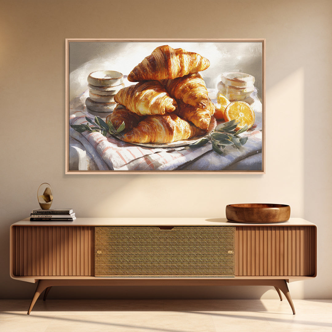 Buttery Croissants Stacked on Striped Linen Framed Canvas Print, Bakery Art, Fine Art, Bakery Decor, Patisserie, BAK-3x2-5