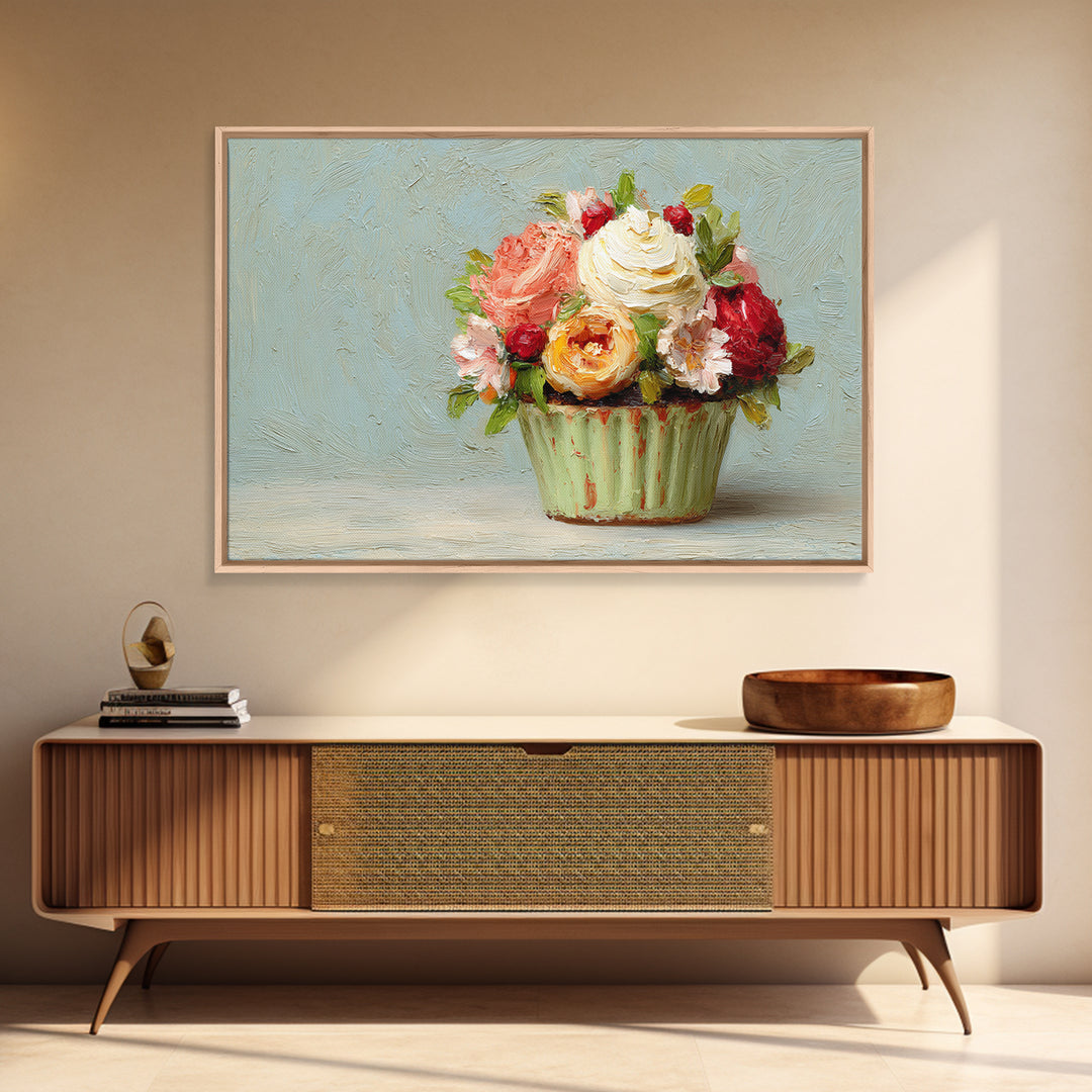 Cupcake Bouquet Painted Framed Canvas Print, Bakery Art, Kitchen Wall Art, Bakery Decor, Oil Painting, Patisserie, BAK-3x2-59