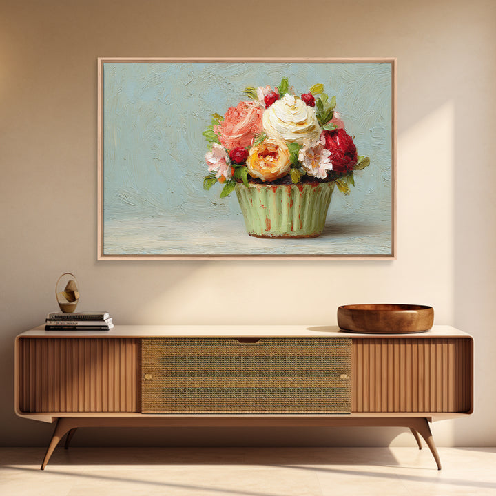 Cupcake Bouquet Painted Framed Canvas Print, Bakery Art, Kitchen Wall Art, Bakery Decor, Oil Painting, Patisserie, BAK-3x2-59