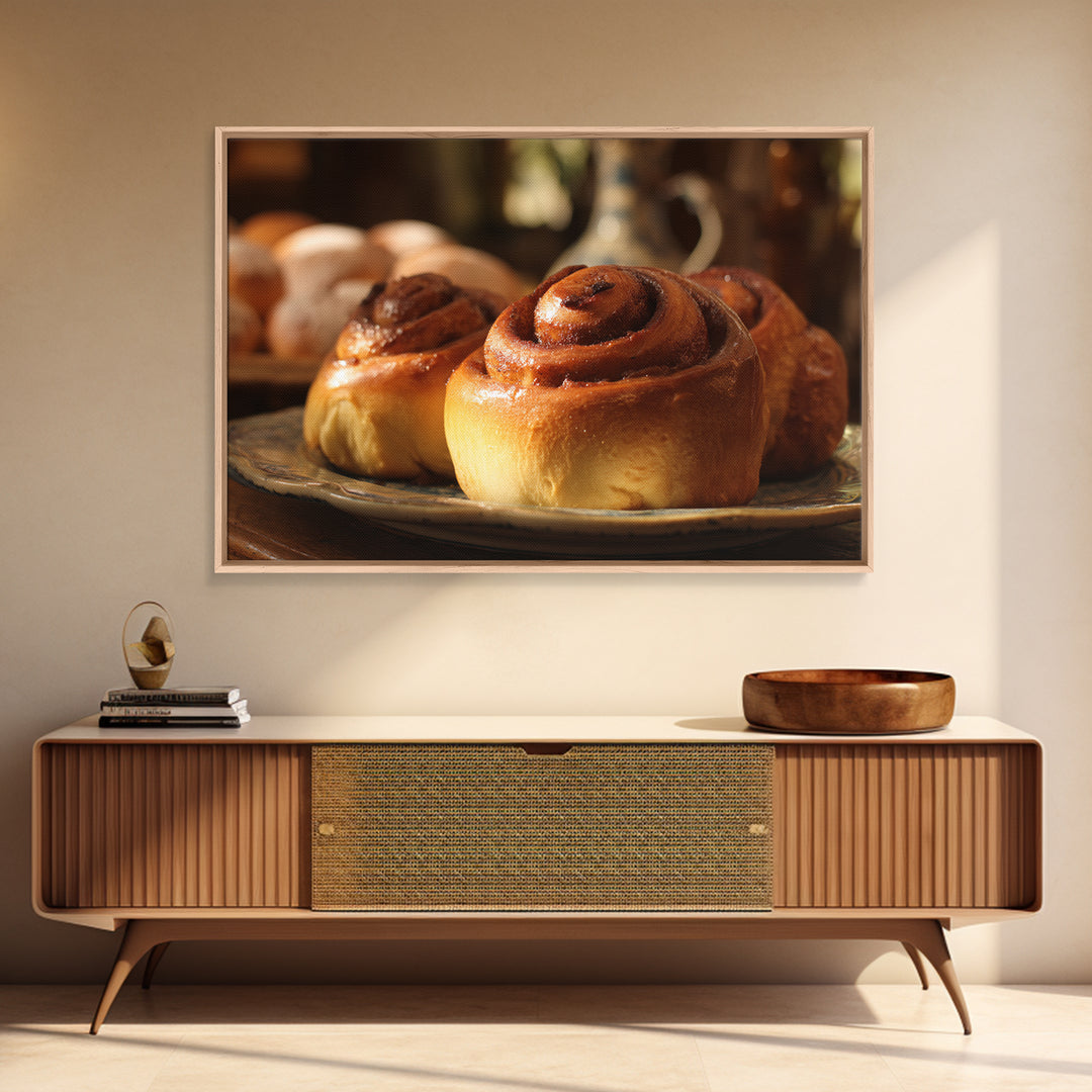 Cinnamon Rolls in a Warm Country Kitchen Framed Canvas Print, Bakery Art, Neutral Wall Art, Bakery Decor, Fine Art, Patisserie, BAK-3x2-63