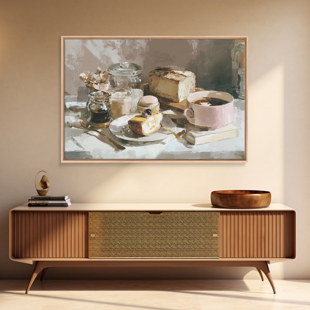 Painterly Eclair and Coffee Still Life Framed Canvas Print, Bakery Art, Bakery Decor, Abstract Art, Patisserie, BAK-3x2-64