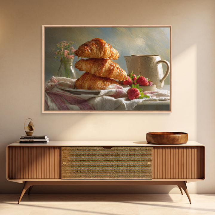 Buttery Croissants Stacked on Striped Linen Framed Canvas Print, Bakery Art, Room Decor, Bakery Decor, Abstract Art, Patisserie, BAK-3x2-77