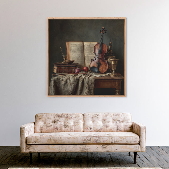 Baroque Violin and Sheet Music Still Life Framed Canvas Print, Baroque Art, Digital Wall Art, Living Room Decor, Ornate, BAO-1x1-11