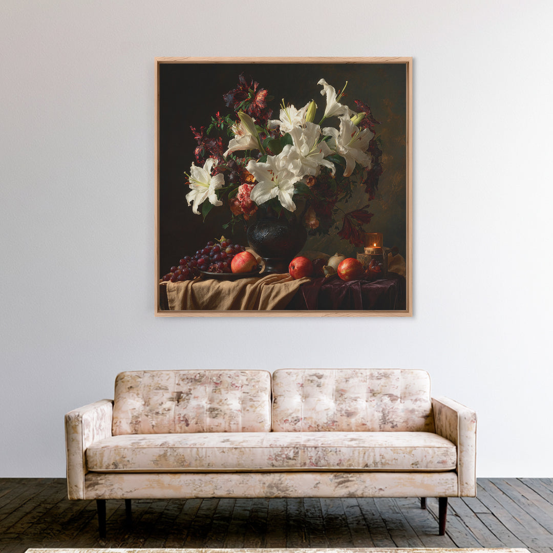 Dramatic White Lilies Framed Canvas Print, Baroque Art, Painting, Living Room Decor, Fine Art, Ornate, Living Room Wall Art, BAO-1x1-12