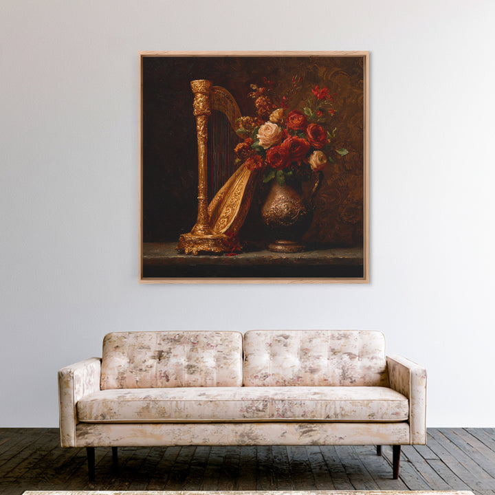 Golden Harp and Roses Canvas Print, Baroque Art, Printable Art, Living Room Decor, Ornate, Gallery Wall, Dark Academia Art, BAO-1x1-18