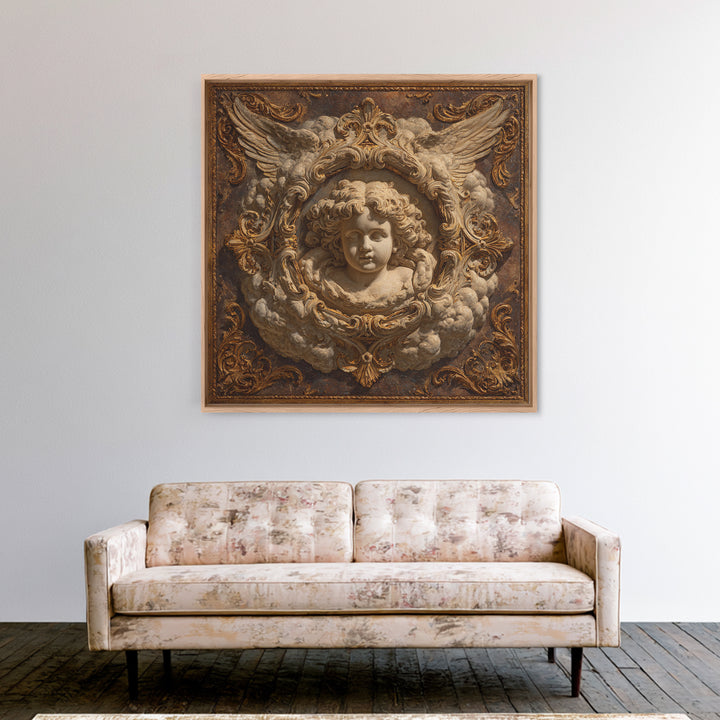 Ornate Cherub Figure Surrounded by Clouds and Framed Canvas Print, Baroque Art, Whimsical Decor, Living Room Decor, Ornate, BAO-1x1-2