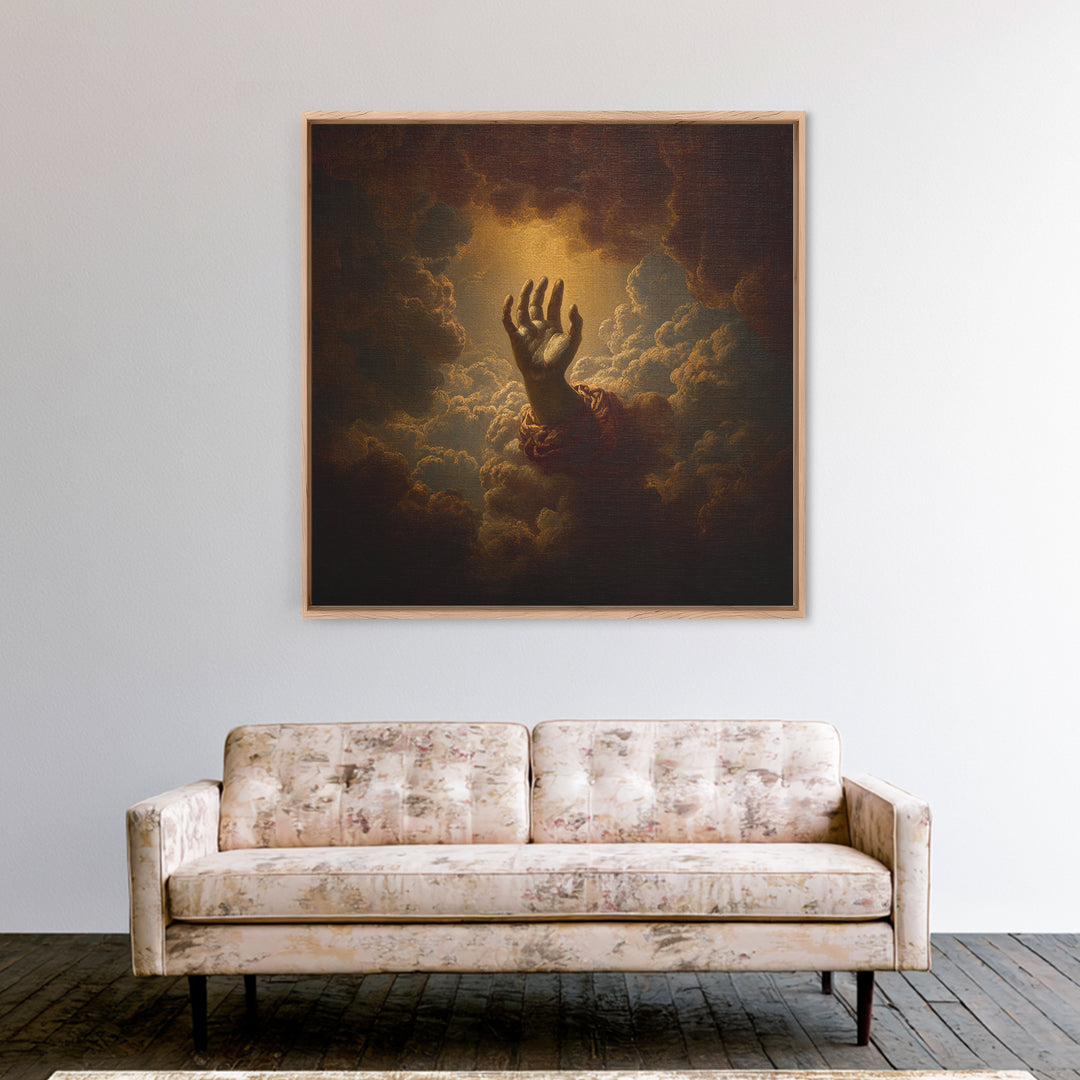 Angelic Hand Reaching Through Clouds Framed Canvas Print, Baroque Art, Modern Wall Art, Living Room Decor, Fine Art, Ornate, BAO-1x1-21