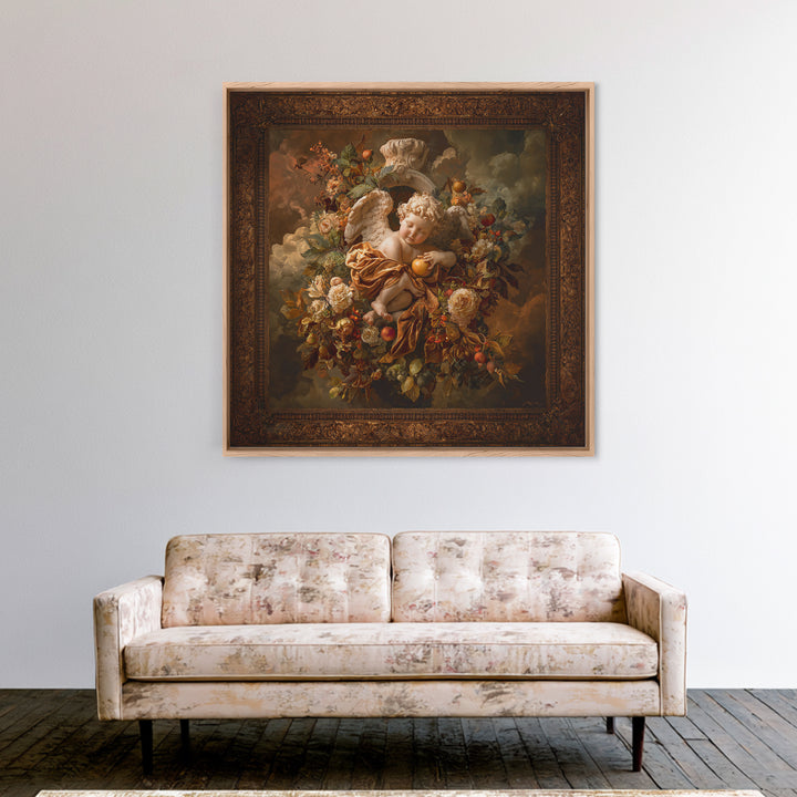 Ornate Cherub Figure Surrounded by Clouds and Canvas Print, Baroque Art, Moody Wall Art, Living Room Decor, Fine Art, Ornate, BAO-1x1-26