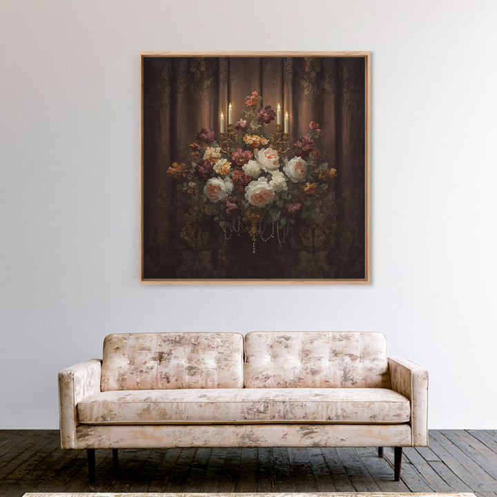 Velvet Drapery with Pearls Flowers and Candlelight Canvas Print, Baroque Art, 3d Wall Art, Living Room Decor, Ornate, BAO-1x1-27