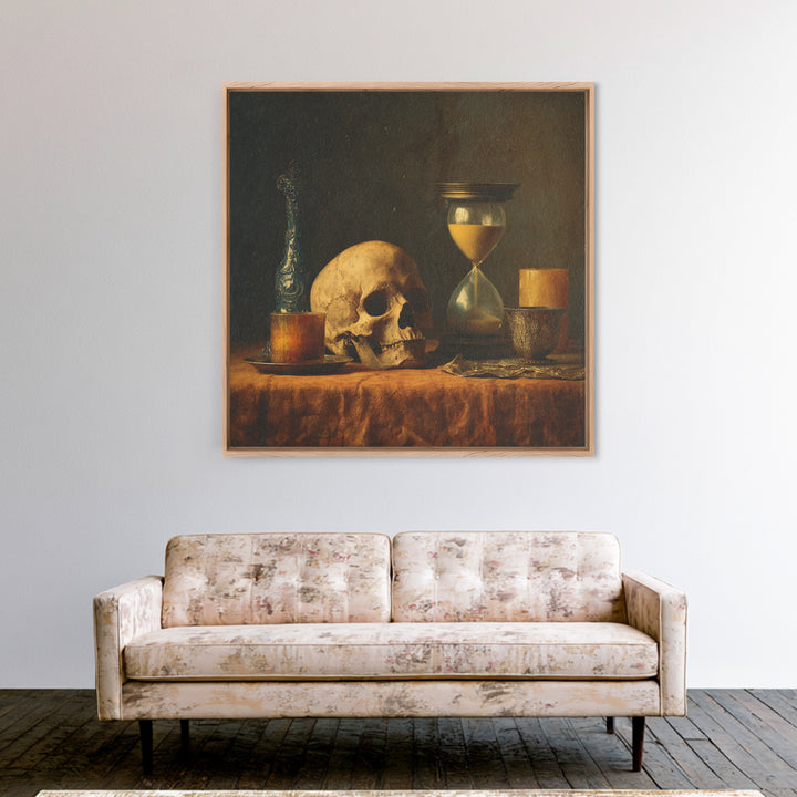 Skull and Hourglass Vanitas Still Life Framed Canvas Print, Baroque Art, Dark Academia Art, Living Room Decor, Fine Art, Ornate, BAO-1x1-29