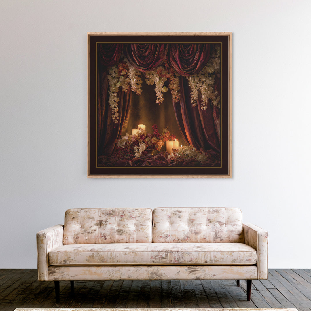 Velvet Drapery with Pearls Flowers and Candlelight Canvas Print, Baroque Art, Canvas, Living Room Decor, Fine Art, Ornate, BAO-1x1-3