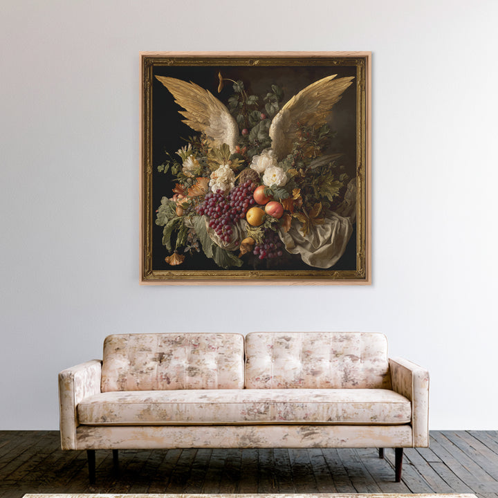 Gilded Angel Wings Emerging from Storm Clouds Canvas Print, Baroque Art, Minimalist Wall Art, Living Room Decor, Oil Painting, BAO-1x1-30