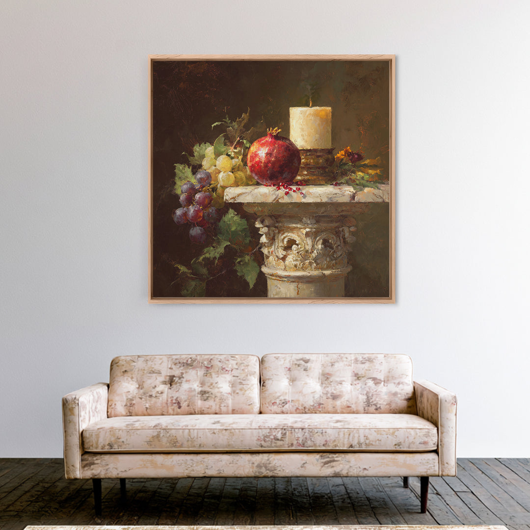 Pomegranate and Grapes on a Marble Ledge Framed Canvas Print, Baroque Art, Home Decor, Living Room Decor, Fine Art, Ornate, BAO-1x1-32
