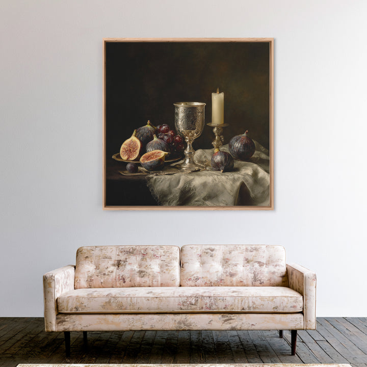 Candlelit Table with Silver Goblet and Figs Canvas Print, Baroque Art, Room Decor Aesthetic, Living Room Decor, Ornate, BAO-1x1-37