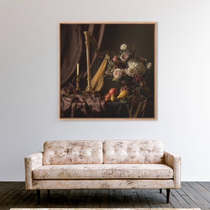 Golden Harp and Roses Framed Canvas Print, Baroque Art, Modern Wall Art, Living Room Decor, Abstract Art, Ornate, Feminist Art, BAO-1x1-42