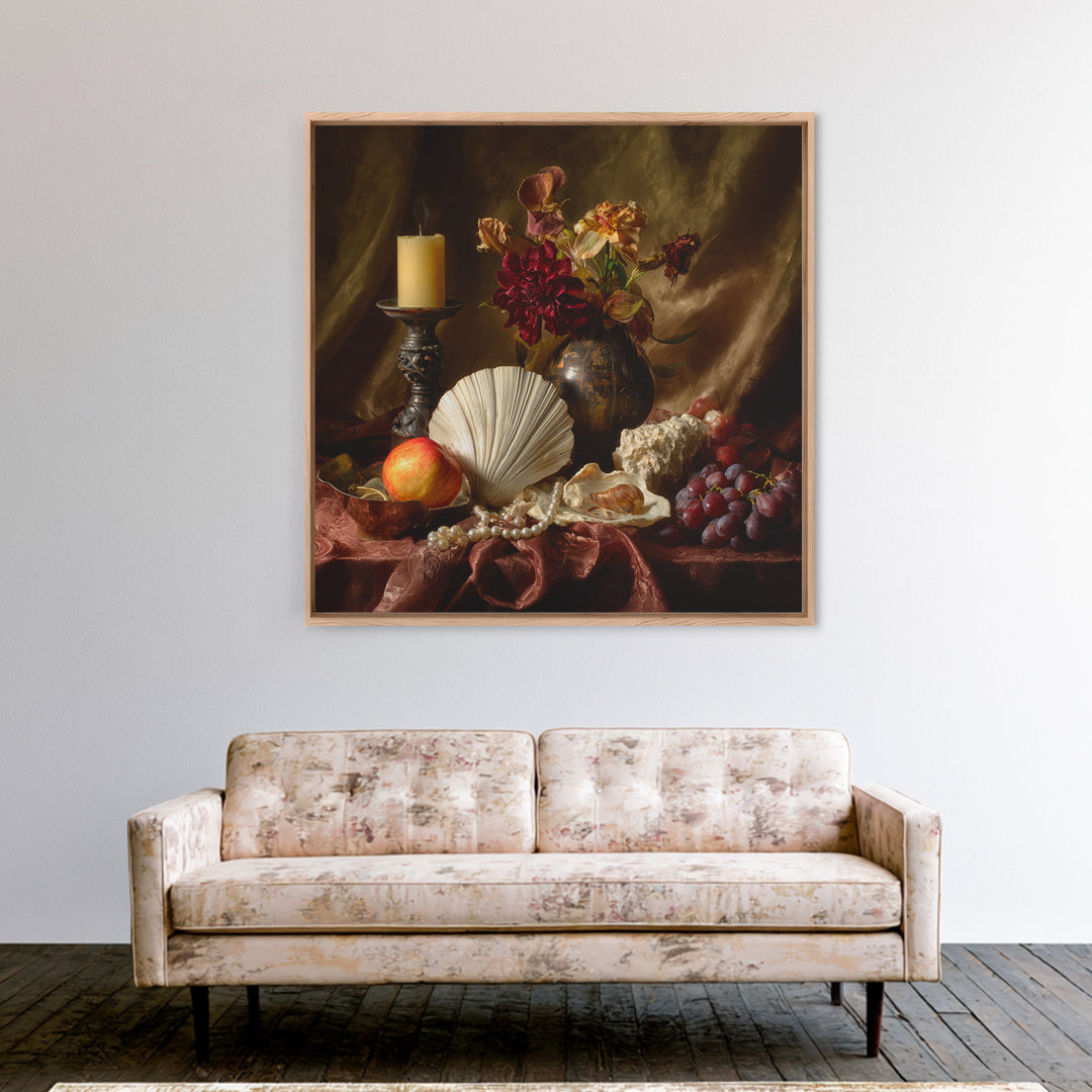 Ornamental Shell and Pearl Composition Framed Canvas Print, Baroque Art, Living Room Wall Art, Living Room Decor, Ornate, BAO-1x1-46