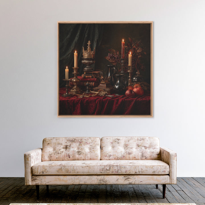 Dark Red Velvet Framed Canvas Print, Baroque Art, Whimsical Decor, Living Room Decor, Fine Art, Ornate, Maximalist Decor, BAO-1x1-47