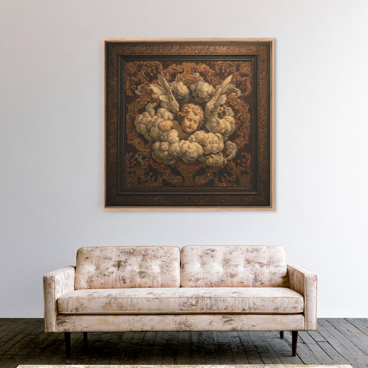 Ornate Cherub Figure Surrounded by Clouds and Canvas Print, Baroque Art, Moody Wall Art, Living Room Decor, Fine Art, Ornate, BAO-1x1-50