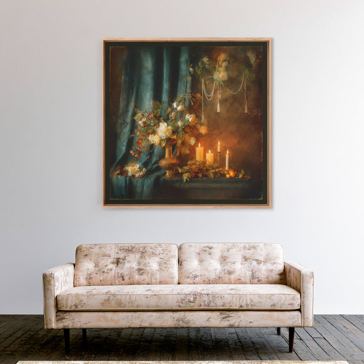 Velvet Drapery with Pearls Flowers and Candlelight Canvas Print, Baroque Art, Maximalist Decor, Living Room Decor, Ornate, BAO-1x1-51