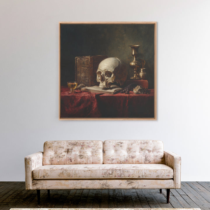 Skull and Hourglass Vanitas Still Life Framed Canvas Print, Baroque Art, Dark Academia Art, Living Room Decor, Fine Art, Ornate, BAO-1x1-53