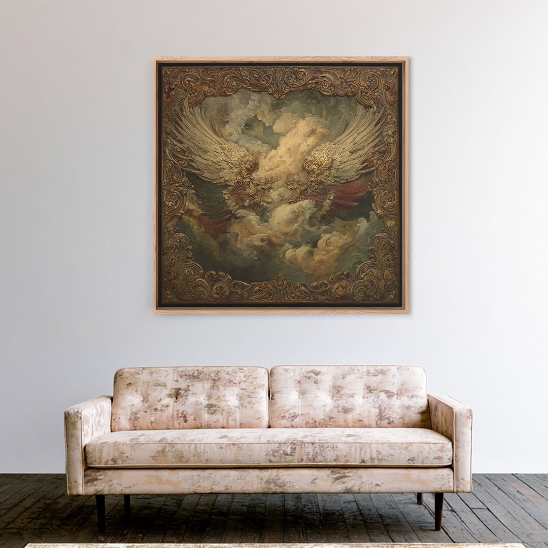Gilded Angel Wings Emerging from Storm Clouds Canvas Print, Baroque Art, Minimalist Wall Art, Living Room Decor, Oil Painting, BAO-1x1-54