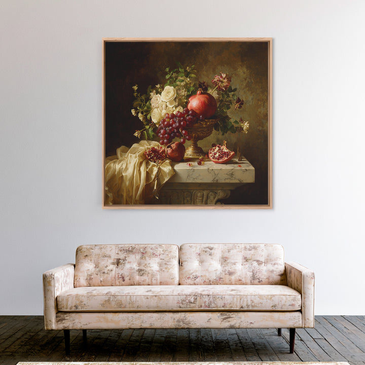 Pomegranate and Grapes on a Marble Ledge Framed Canvas Print, Baroque Art, Digital Wall Art, Living Room Decor, Ornate, BAO-1x1-56
