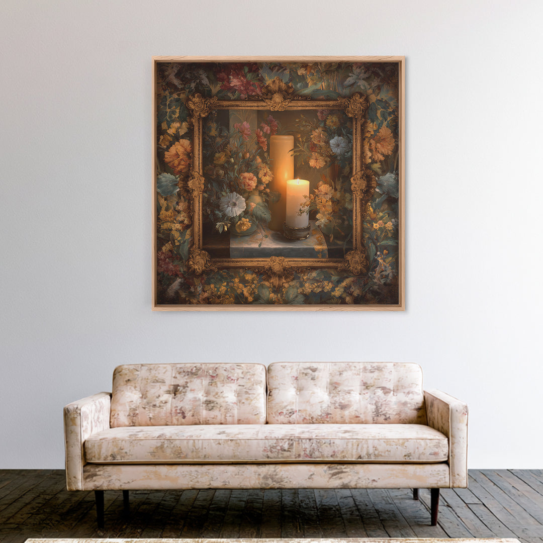 Ornate Gold Frame Illusion Around a Botanical Framed Canvas Print, Baroque Art, Maximalist Decor, Living Room Decor, Ornate, BAO-1x1-57
