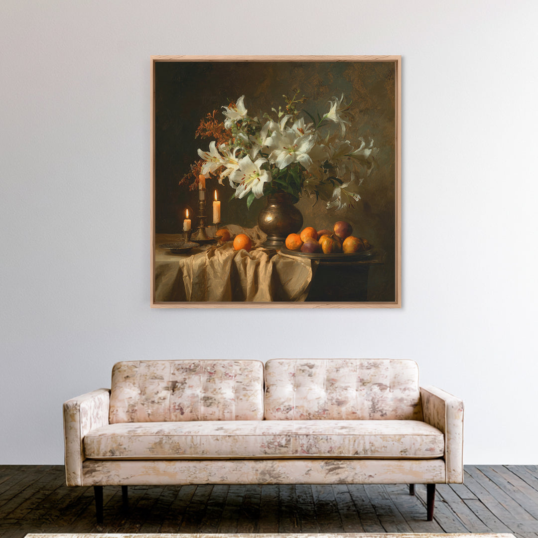 Dramatic White Lilies Canvas Print, Baroque Art, Portrait Painting, Living Room Decor, Fine Art, Ornate, Neutral Decor, BAO-1x1-60