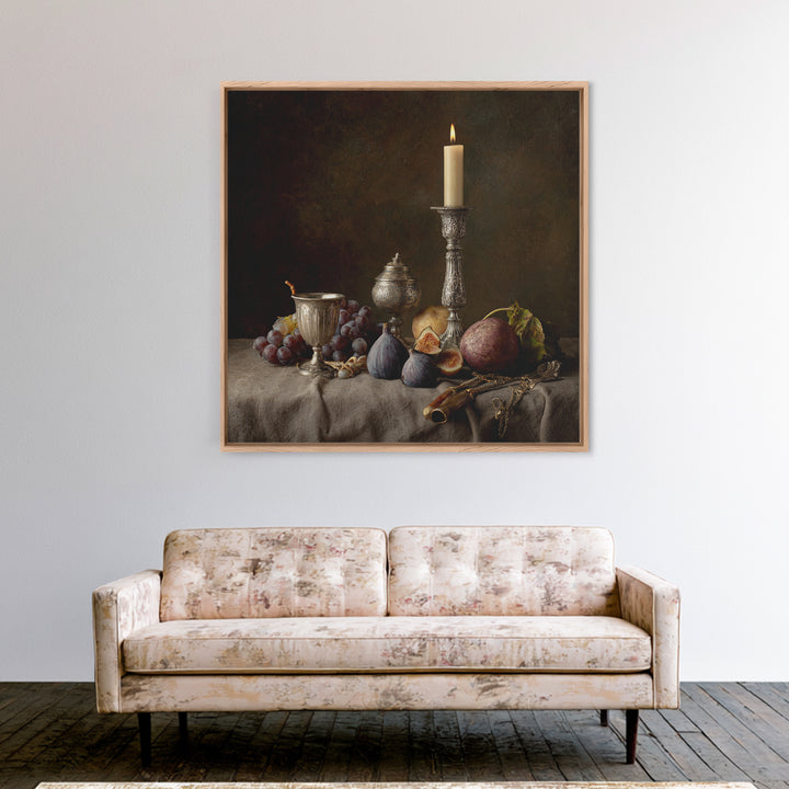 Candlelit Table with Silver Goblet and Figs Canvas Print, Baroque Art, Room Decor Aesthetic, Living Room Decor, Ornate, BAO-1x1-61