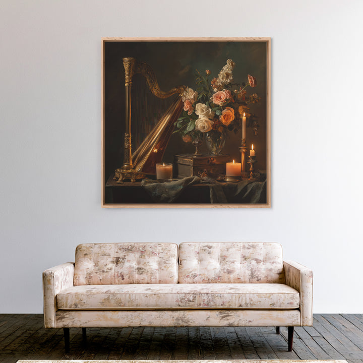 Golden Harp and Roses Framed Canvas Print, Baroque Art, Modern Wall Art, Living Room Decor, Abstract Art, Ornate, Feminist Art, BAO-1x1-66