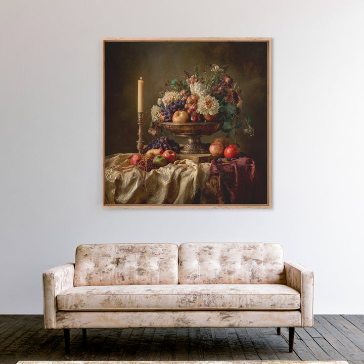 Lavish Banquet Fruit Composition Framed Canvas Print, Baroque Art, Dark Academia Art, Living Room Decor, Fine Art, Ornate, BAO-1x1-68
