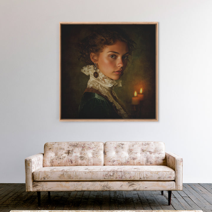 Classical Portrait with Lace Collar and Jewel Framed Canvas Print, Baroque Art, Oil Painting, Living Room Decor, Ornate, BAO-1x1-7