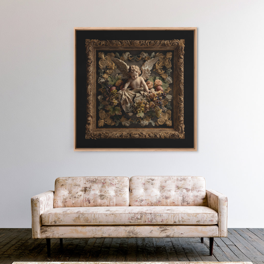 Ornate Cherub Figure Surrounded by Clouds and Canvas Print, Baroque Art, Dark Academia Art, Living Room Decor, Ornate, BAO-1x1-74