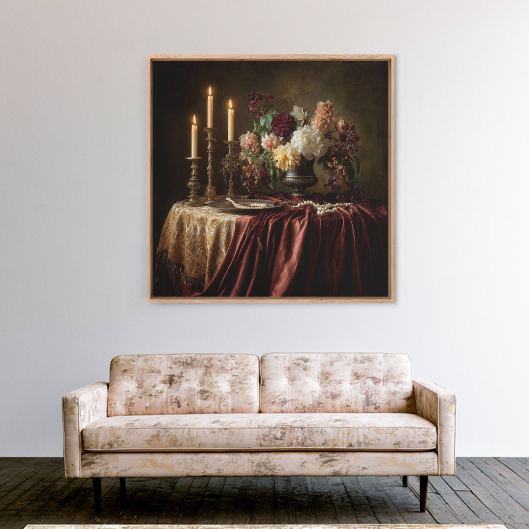 Velvet Drapery with Pearls Flowers and Candlelight Canvas Print, Baroque Art, Baroque, Living Room Decor, Fine Art, Ornate, BAO-1x1-75
