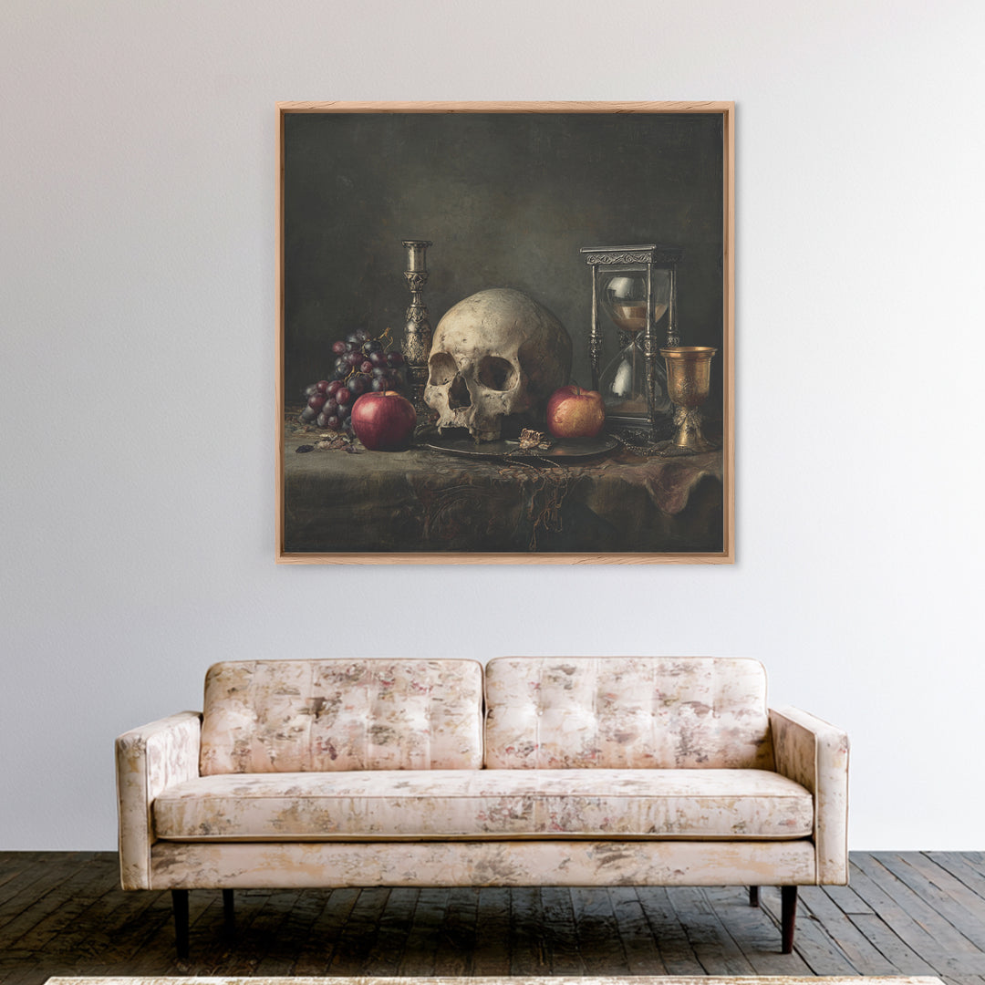 Skull and Hourglass Vanitas Still Life Canvas Print, Baroque Art, Art Nouveau Decor, Living Room Decor, Fine Art, Ornate, BAO-1x1-77