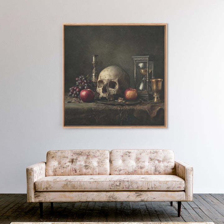 Skull and Hourglass Vanitas Still Life Canvas Print, Baroque Art, Art Nouveau Decor, Living Room Decor, Fine Art, Ornate, BAO-1x1-77