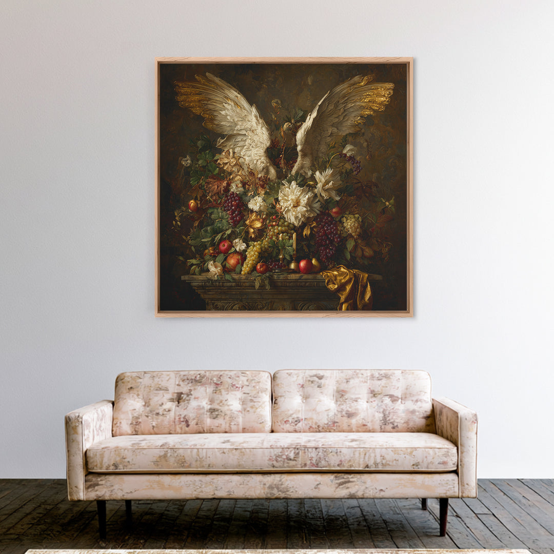 Gilded Angel Wings Emerging from Storm Clouds Framed Canvas Print, Baroque Art, Maximalist Decor, Living Room Decor, Ornate, BAO-1x1-78