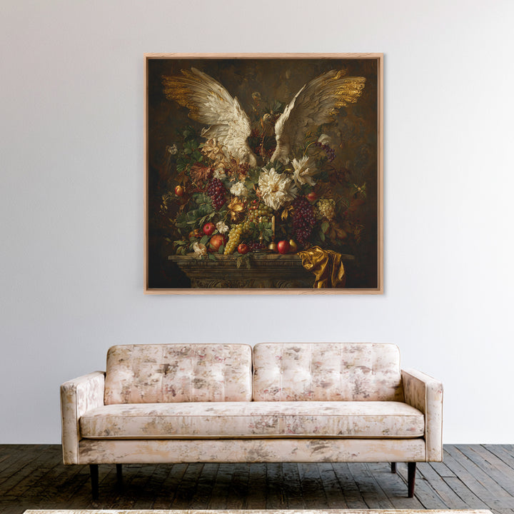 Gilded Angel Wings Emerging from Storm Clouds Framed Canvas Print, Baroque Art, Maximalist Decor, Living Room Decor, Ornate, BAO-1x1-78