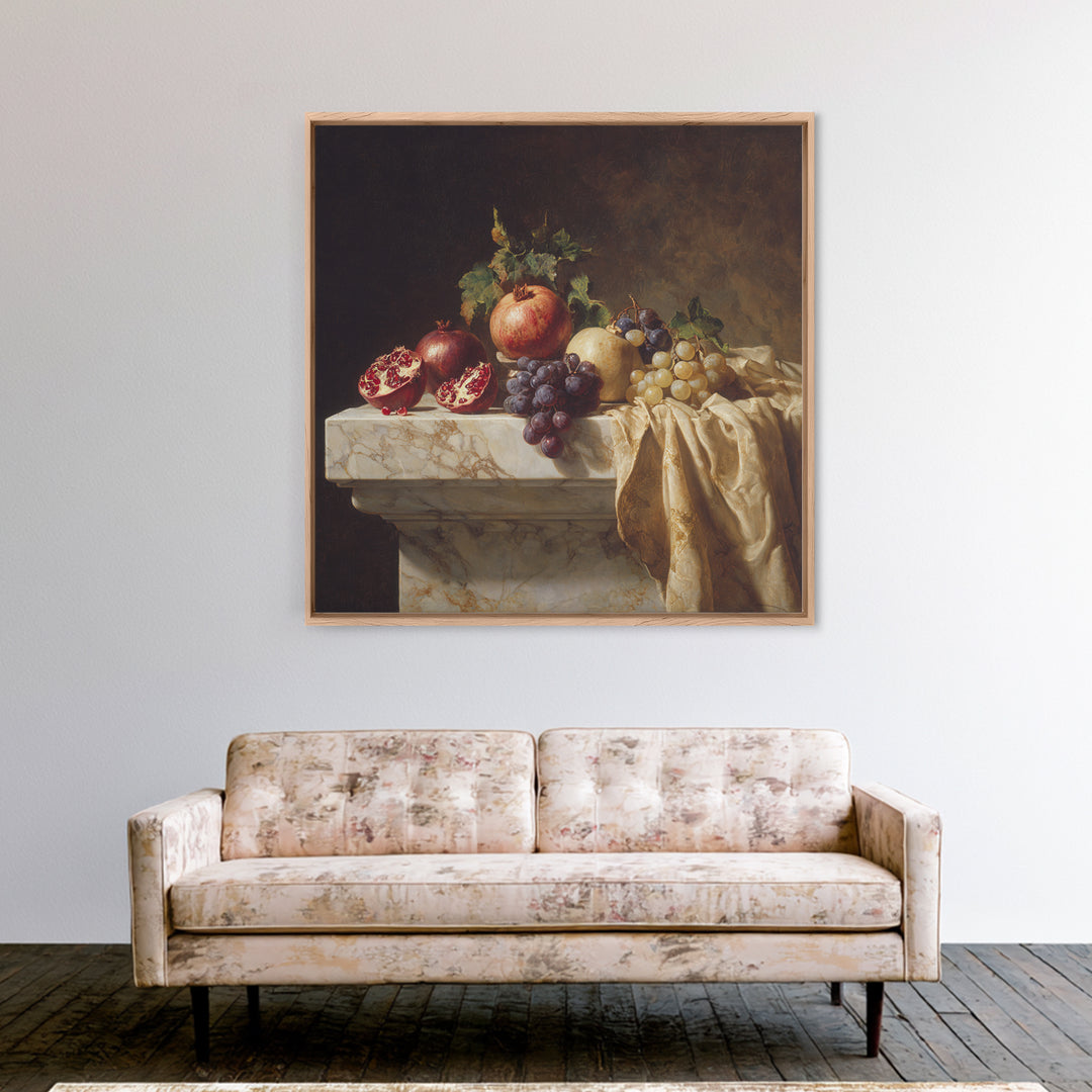 Pomegranate and Grapes on a Marble Ledge Framed Canvas Print, Baroque Art, Digital Wall Art, Living Room Decor, Ornate, BAO-1x1-8