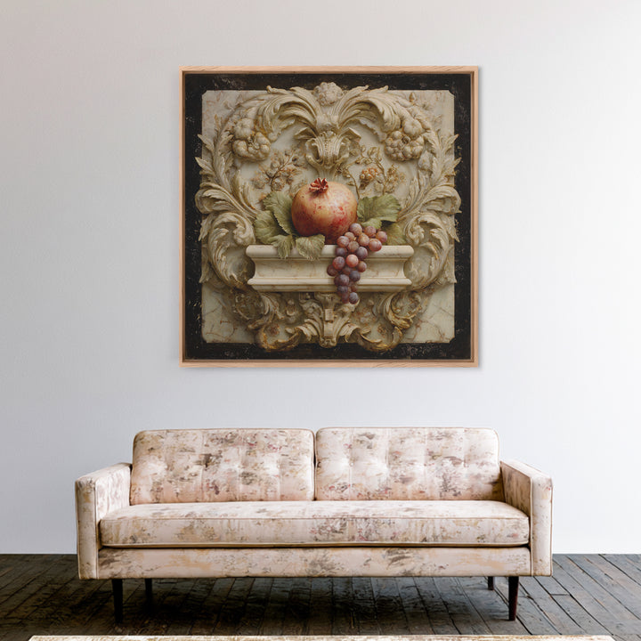 Pomegranate and Grapes on a Marble Ledge Framed Canvas Print, Baroque Art, Home Decor, Living Room Decor, Fine Art, Ornate, BAO-1x1-80