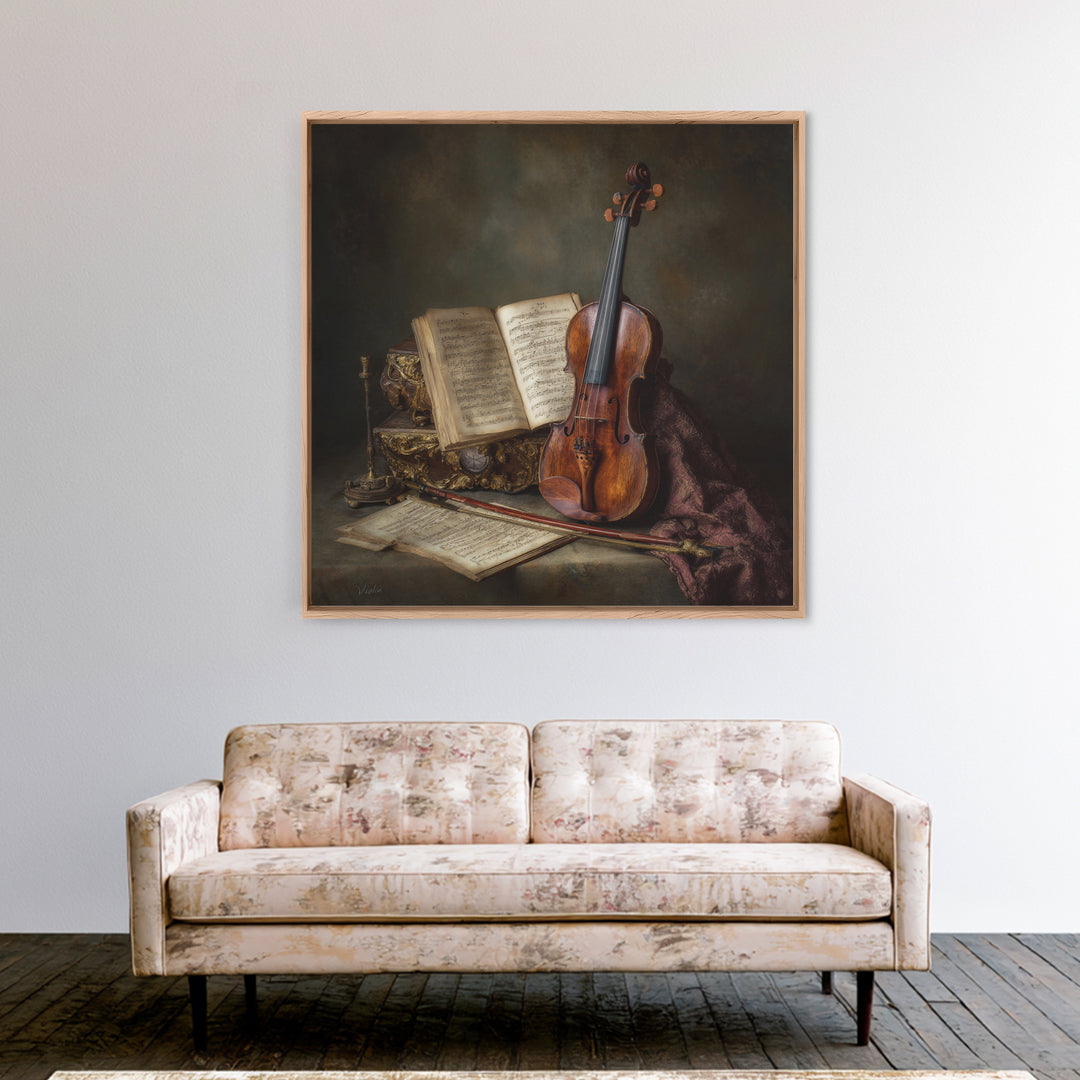 Baroque Violin and Sheet Music Still Life Framed Canvas Print, Baroque Art, Home Decor, Living Room Decor, Fine Art, Ornate, BAO-1x1-83