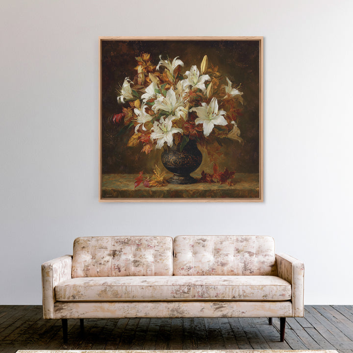 Dramatic White Lilies Framed Canvas Print, Baroque Art, Maximalist Wall Art, Living Room Decor, Abstract Art, Ornate, BAO-1x1-84